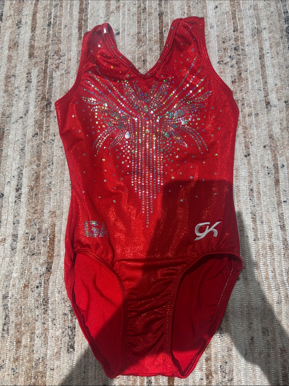 GK Red Sparkle Girls' One-Piece Leotard with Rhinestone Burst